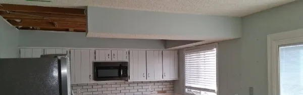 The kitchen mid-demolition, ceiling opened up and the old cabinets and backsplash being pulled